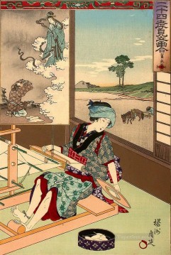  Chikanobu Pintura al %c3%b3leo - Nijushi ko mitate e awase representa a una mujer tejiendo Toyohara Chikanobu japonés